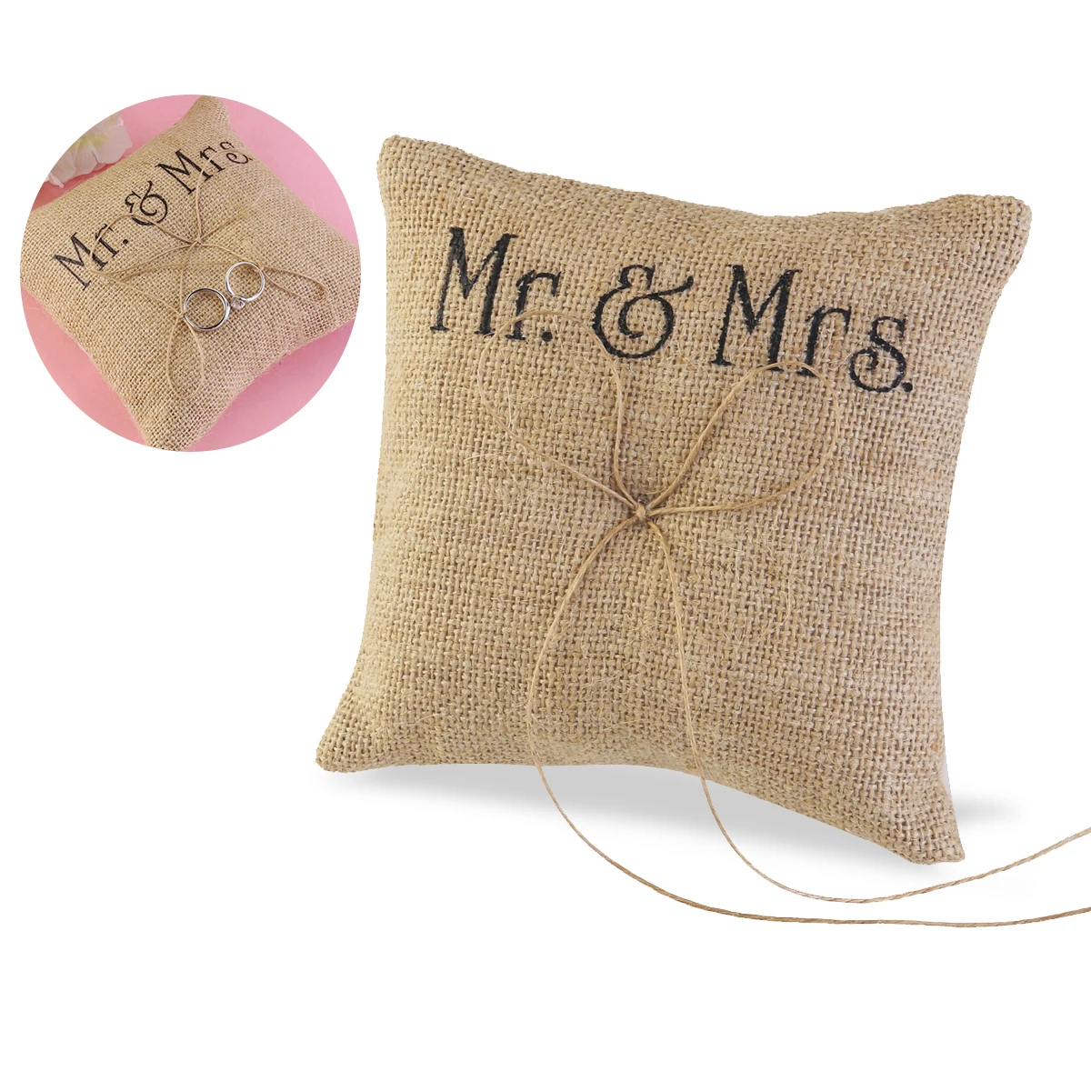 

Rustic Burlap Wedding Bearer Double Heart Ring Pillow Jute Twine Ring Bearer Pillow Ceremony Decoration Double Heart