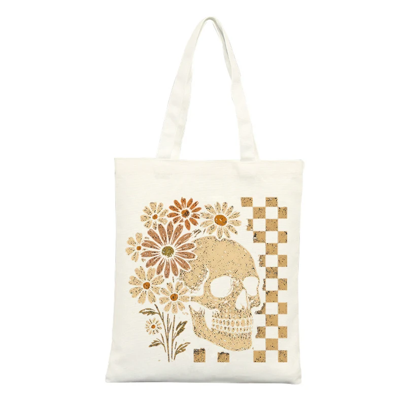 Skull and Daisy Print Canvas Tote Bag, Vintage Style for Casual Shopping and Daily Use