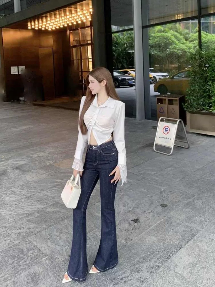 

Deep Blue Women's Jeans Mid-Low Waist Stretch Slimming Bootcut Long Pants Faionable Versatile Cotton Stretch Denim Fall New...