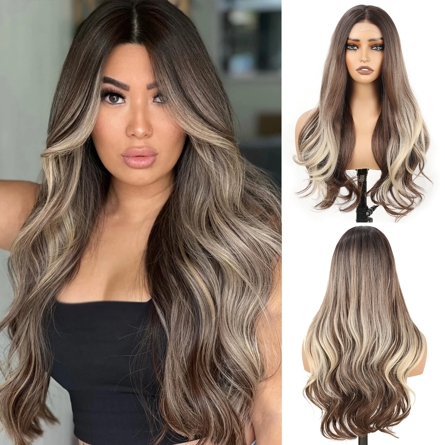 

26 Inch Blonde Brown Lace Front Wig for Women 13x4 HD Lace Pre-plucked Ombre Long Body Wave Synthetic Wigs for Daily Party Use