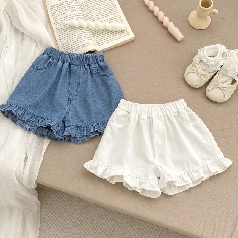 

2025 Summer Kids Shorts Solid Color Brief Baby Girls Soft Denim Ruffle Blue Shorts 0-3Y Toddler Girl Clothes
