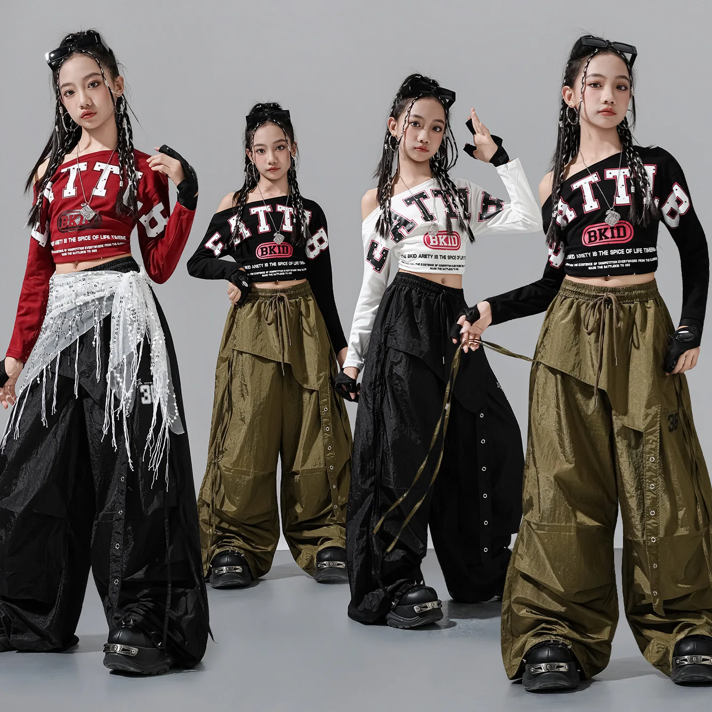 Girls Hip Hop Off Shoulder Crop Top&Cargo Pants Set, Kids Kpop Street Dance Outfit Teen Girl Group Streetwear Jazz Stage Costume