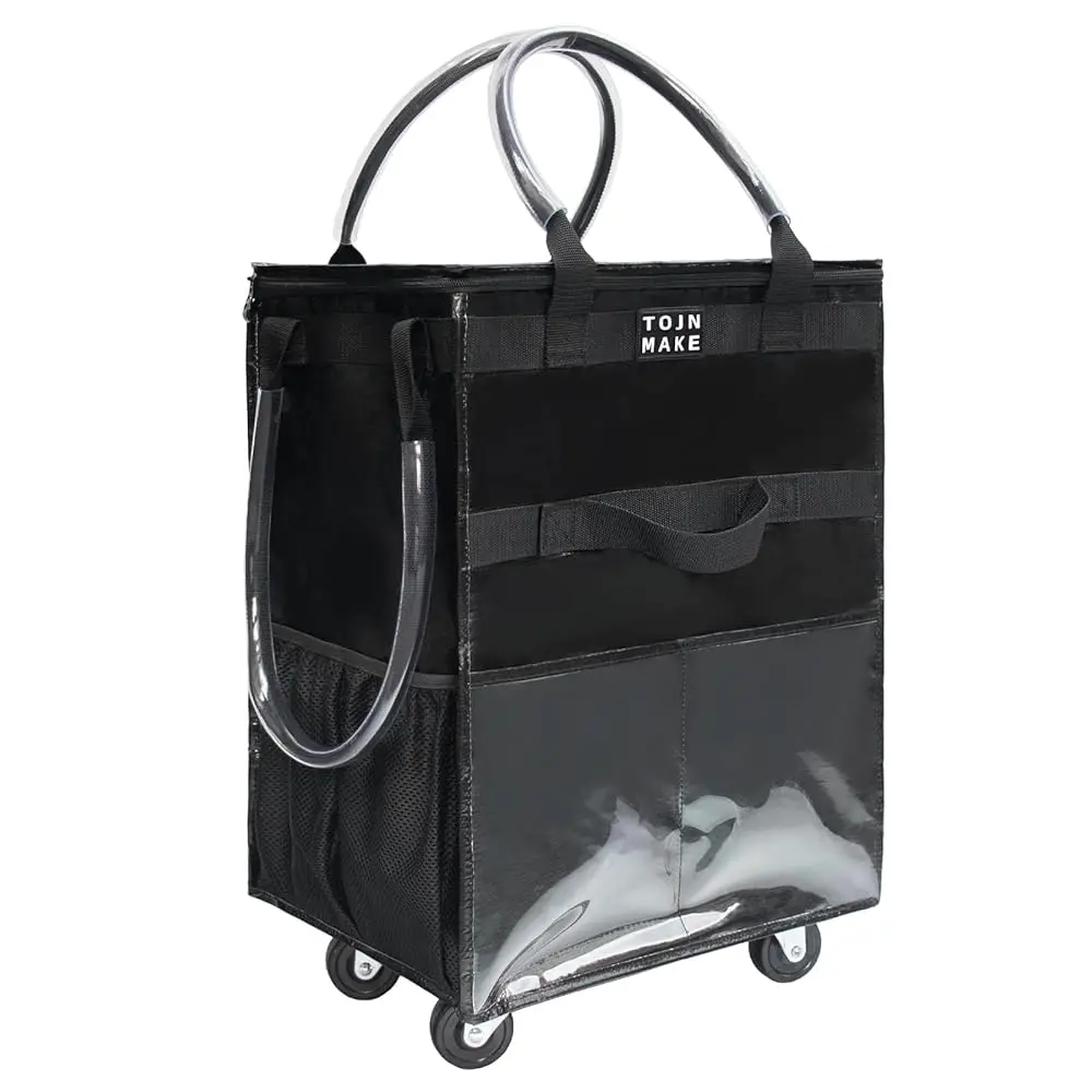 

Reusable Grocery Bag On Wheels(Medium -Black), Rolling Tote Bag, Shopping Cart With 8 Pockets And Zipper Cover For Trips,