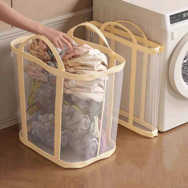 

Foldable Mesh Laundry Basket With Handle Large Capacity Hanging Dirty Clothes Hamper Nylon Mesh Laundry Organizer Bag Bathroom