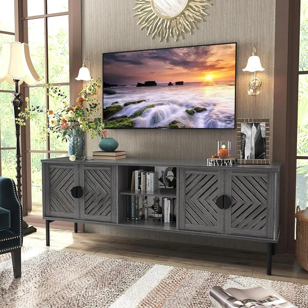 Modern TV Stand Entertainment Center with Storage Adjustable Shelves Media Console Cabinet Living Room Organization Cable