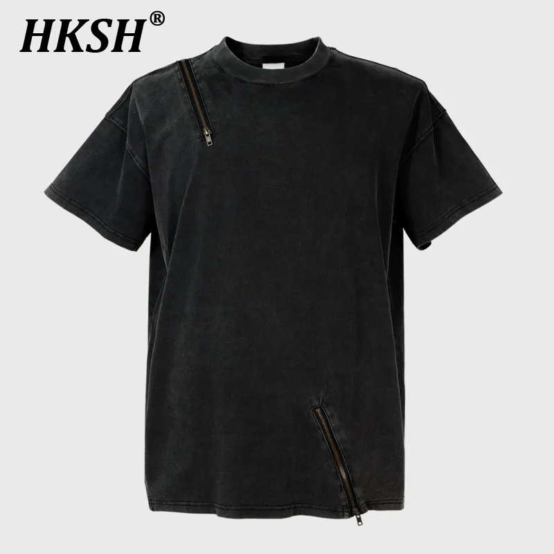 HKSH Spring Summer New Men's Streetwear T-shirts Women High Street Tees Vintage Punk Dark Style Zipper Side Small Split HK1442