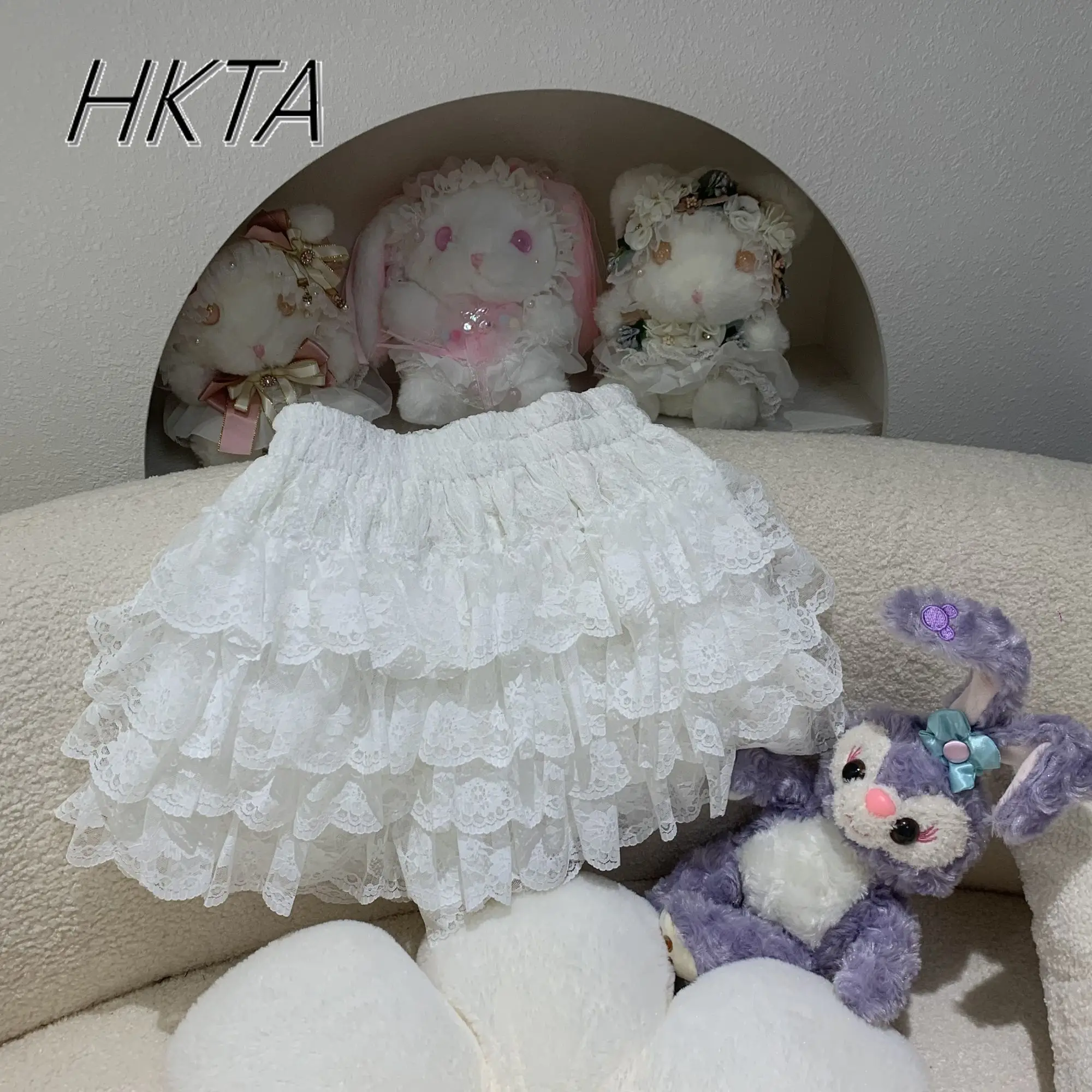 달콤하고 귀여운 캐스케이드 화이트 퍼프 숏 스커트 퀼로트 여성 카와이 캐주얼 하이웨이스트 레이스 여름 케이크 로리타 버드 미니 스커트 소녀