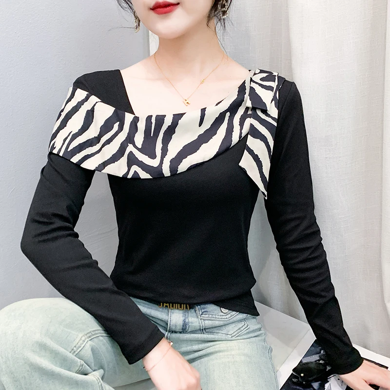 

2025, новинка, европейский, одежда, хлопок, футболка, шикарный, сексуальный, с откидным воротником, лоскутное шитье, цветной принт, женские топы, футболки с длинным рукавом, 58044