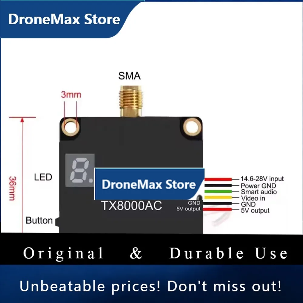 DroMaAKK FPV VTX TX8000AC Ultra Long Range 80CH 8W 4.9G-6G Ultra Wide Band Video Transmitter5.8G Akk 8w Vtx