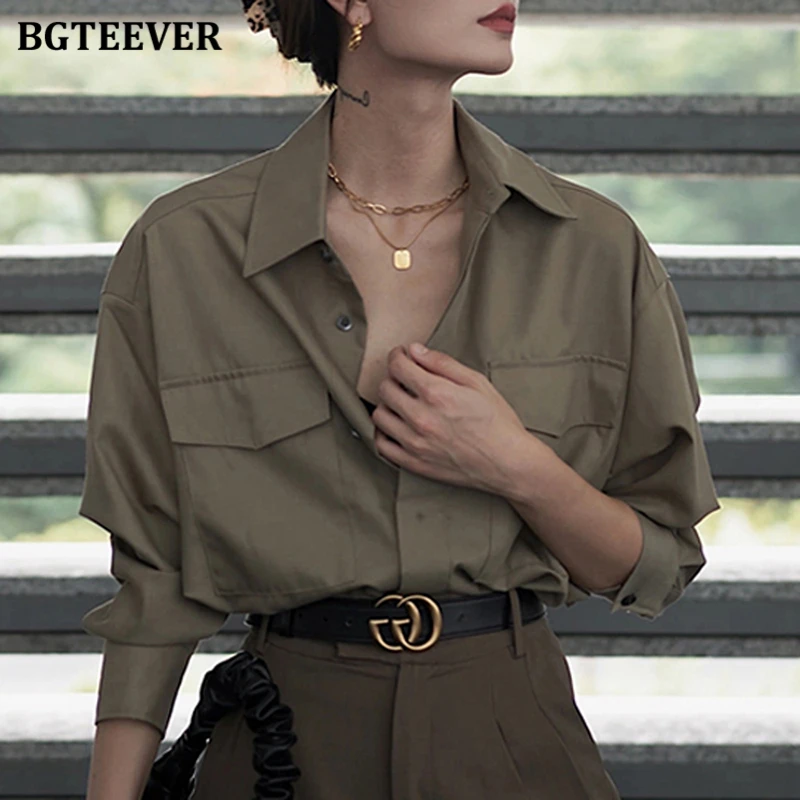 BGTEEVER Vintage Loose Single-breasted Female Shirts Spring Summer Lapel Full Sleeve Pockets Stylish Women Blouses Tops