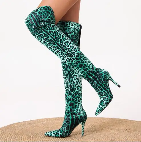 

Turquoise Green Velvet Leopard Pointed Toe Thin Heels Slim Over The Knee Boots Women Spring Pull On High Heel Long Boots Shoes