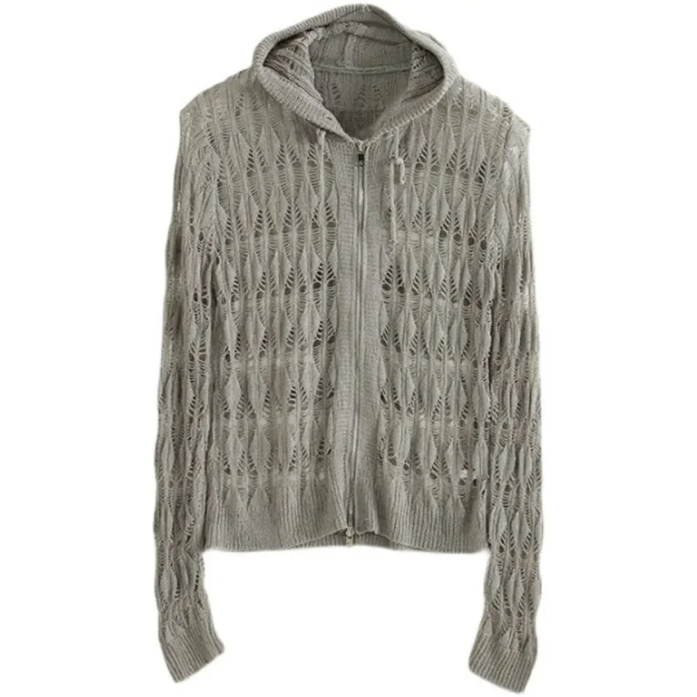 2024 Chic Zip Up Hooded Cardigan Women Japanese Y2k Style Hollow Crop Sweater Vintage Gray Thin Knitted Long Sleeve Tops