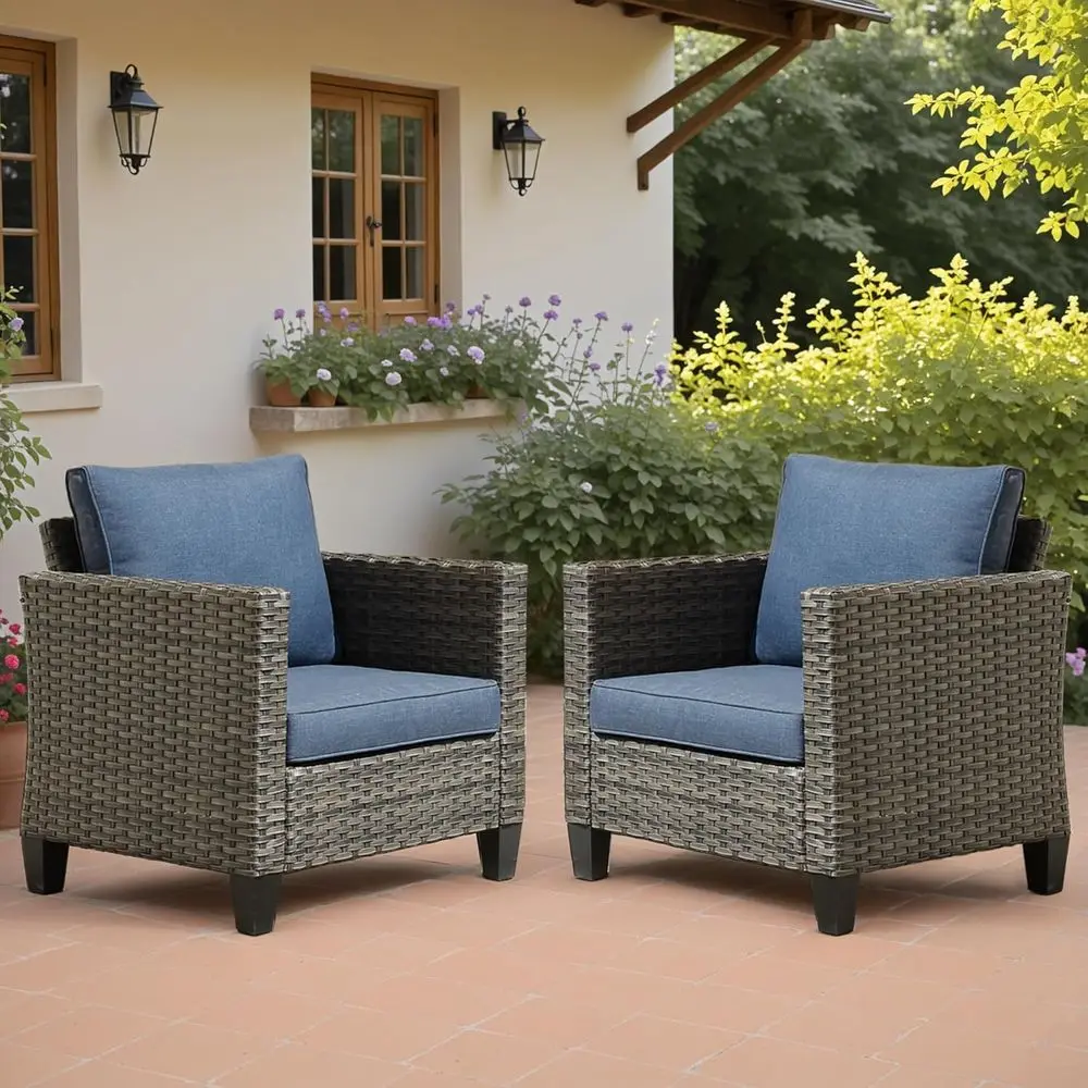 

2-Piece Outdoor Wicker Chairs Set with Cushions, Weather-Resistant High Back for Patio, Balcony, Garden or Poolside, Denim Blue