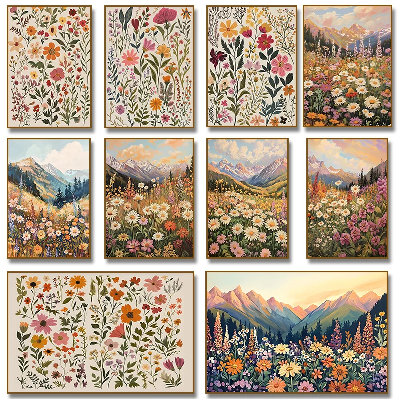 Abstract Colorful Floral Mountain Wildflower Landscape Flower Field Poster Print Wall Art Pictures Canvas Painting Home Decor