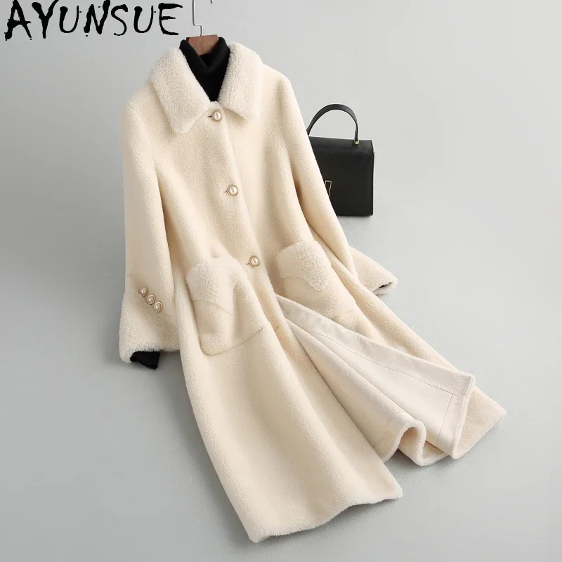 

AYUNSUE Elegant Sheep Shearing Jacket Women Autumn Winter Outfits for Women Mid-length 100% Wool Coats Korean Casaco Feminino