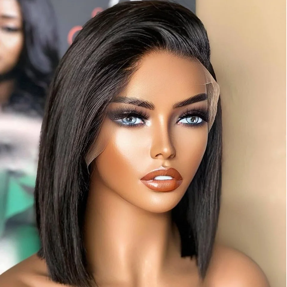 Straight Short Bob Wigs 13x4 Lace Front Wigs Synthetic Natural Black Bob Lace Frontal Wigs For  Women Glueless Heat Temperature