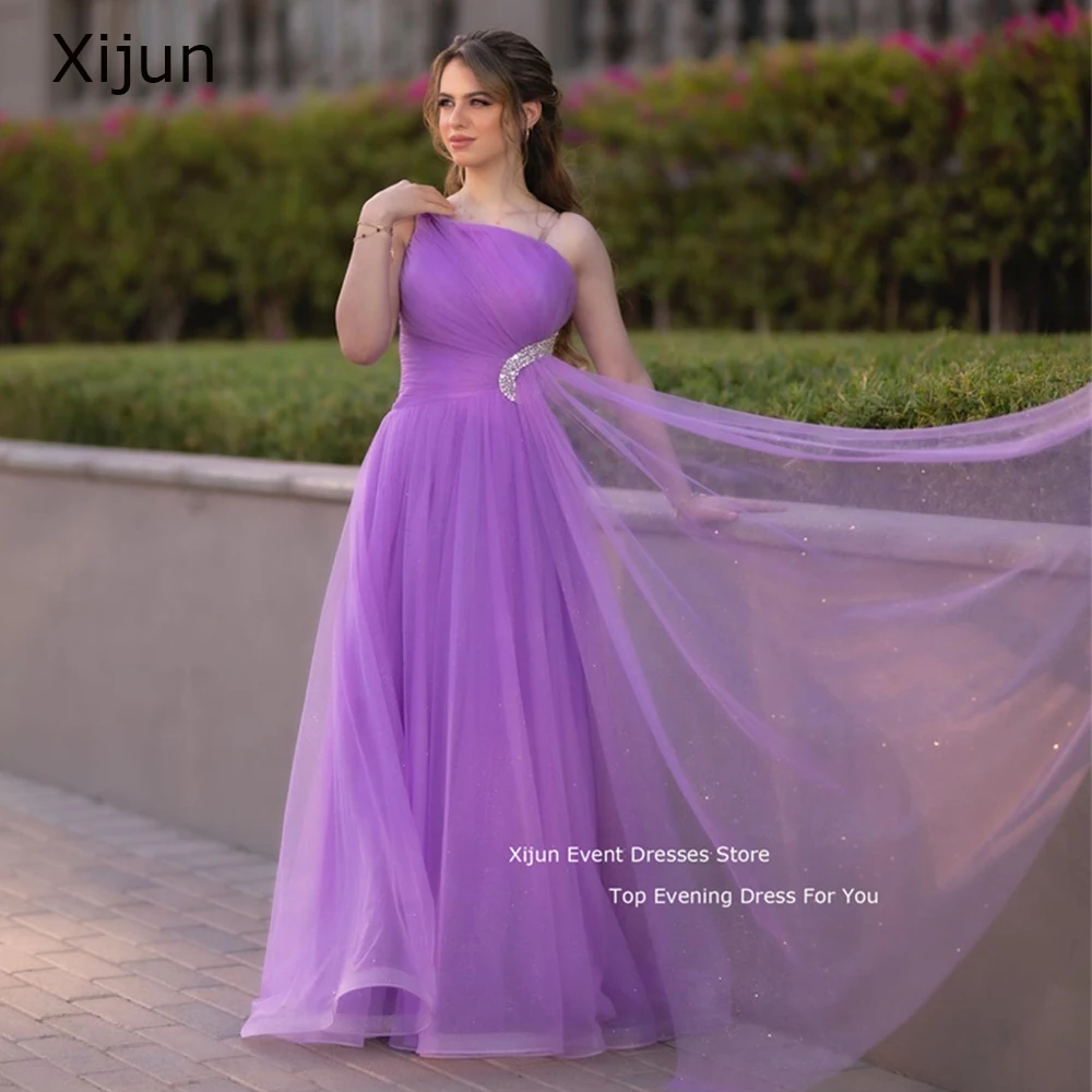

Xijun Purple Elegant Evening Dresses One Shoulder Crystal Prom Dresses Glitter Floor Length Prom Gown Formal A-Line Party Dress