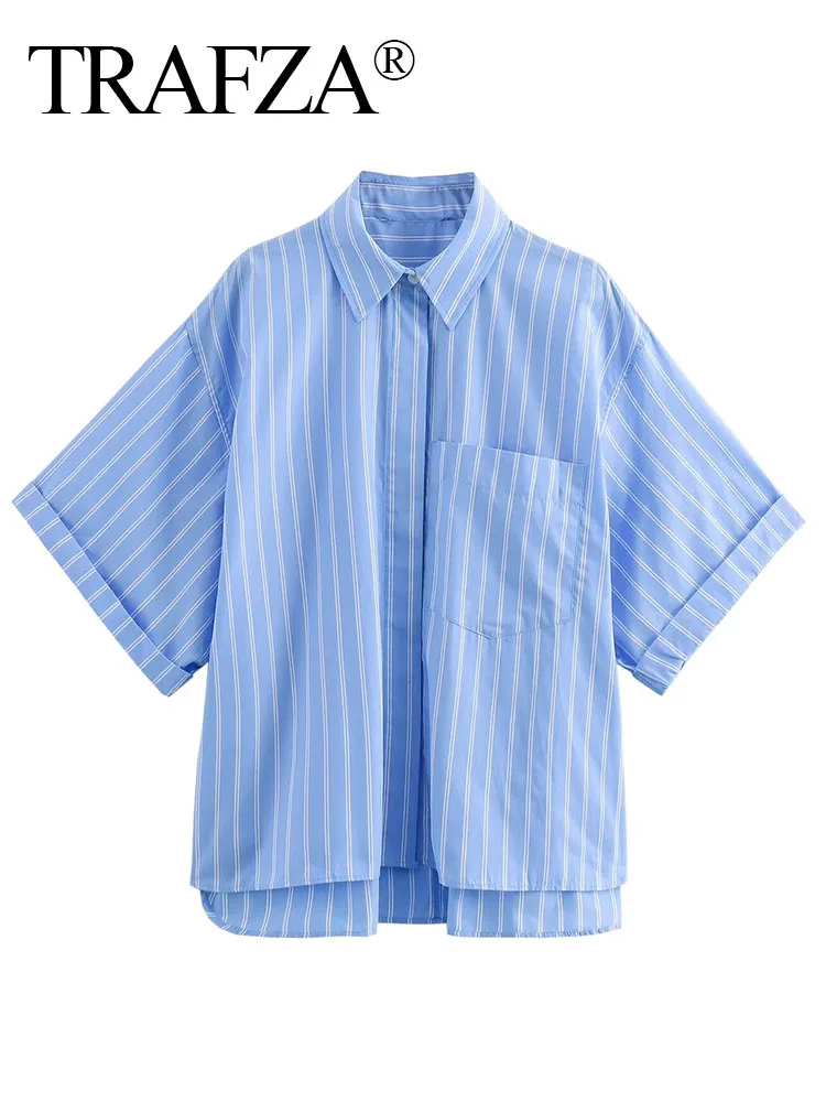 TRAFZA Summer For Women Fashion Short-sleeved Turndown Collar Single-breasted Blouse Woman Pockets Decoration Slim Shirt Mujer