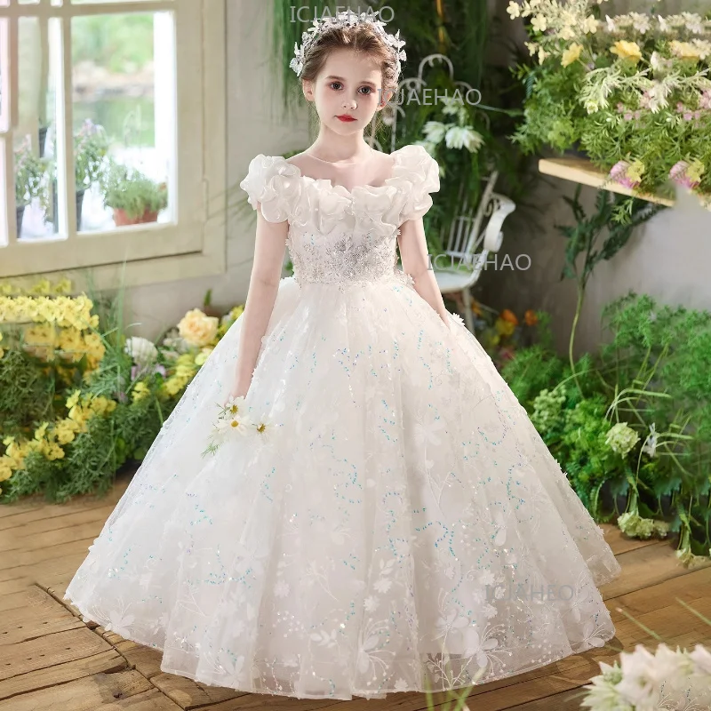 2026 Kids Formal Princess Dress Children Girls Host White Birthday Flower Girl Wedding Gown Piano Performance Pageant Costume