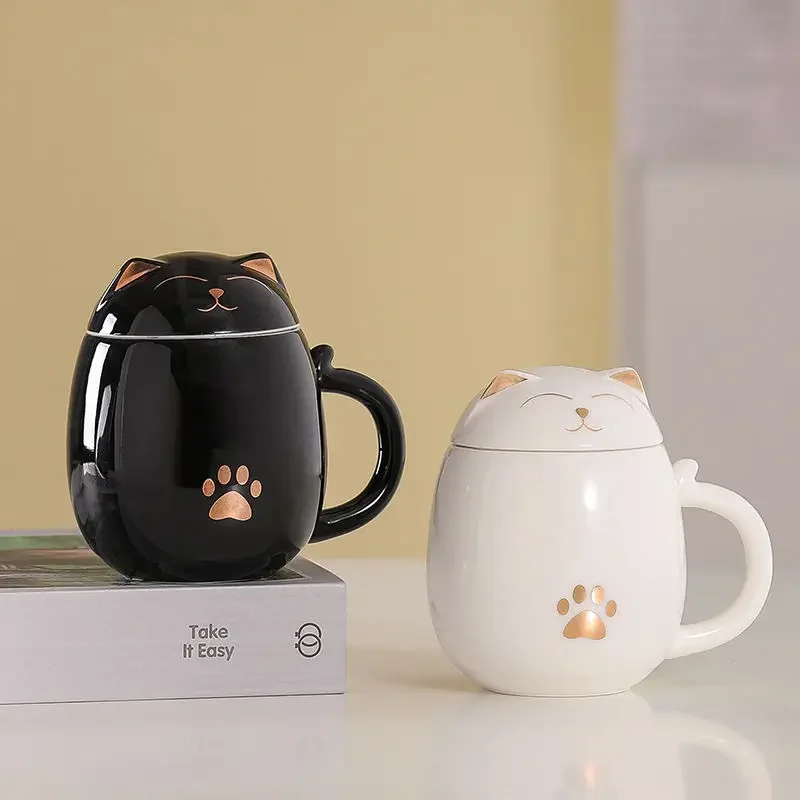 Ceramic Tea Mug with Strainer Infuser Lid Cat Design Handmade Porcelain Teacup Strainer Portable Shockproof Storage Drinkware