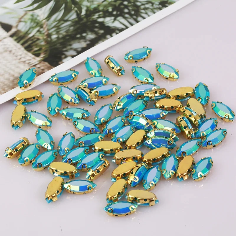 PEESOM New Sell 7X15mm Color AB Horse Eye Stone Sewing Gold Claw Set Sew-on Color AB Rhinestone Acrylic for Clothing Accessories