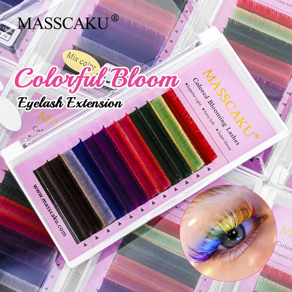 

MASSCAKU 12 Rows Colored Blooming Eyelash 0.07mm C D Curl Eight Single Color Mix 8-15mm One Second Flowering Lashes Extensions