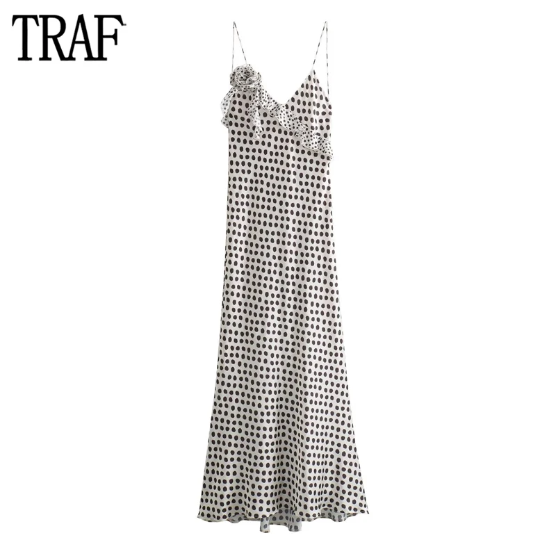 TRAF Polka Dot Ruffle Dress Woman Flower Slip Maxi Dresses for Women Satin Backless Long Dress Women Summer Party Dresses Woman