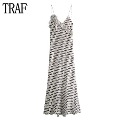 TRAF Polka Dot Ruffle Dress Woman Flower Slip Maxi Dresses for Women Satin Backless Long Dress Women Summer Party Dresses Woman