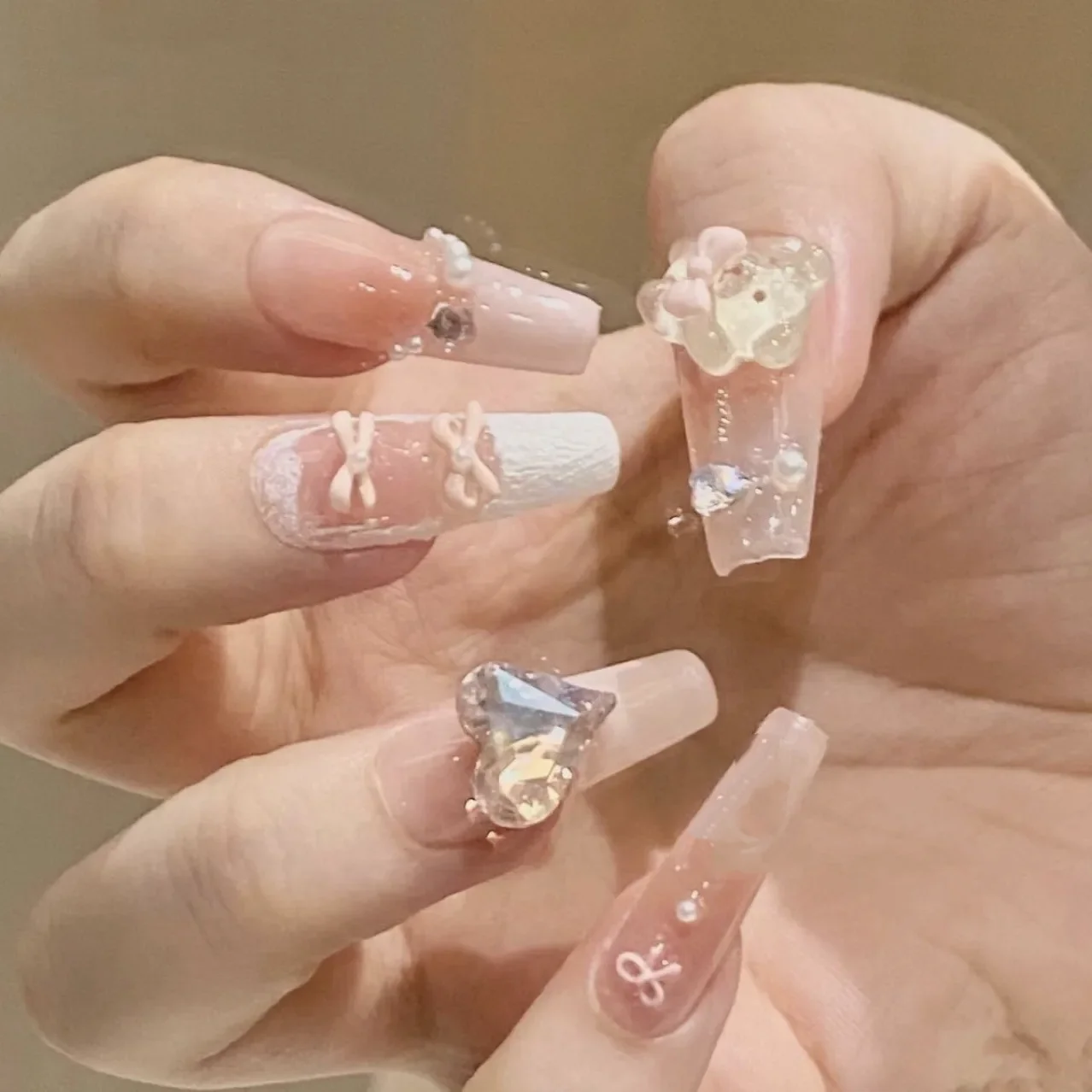 

10PCS Sweet Handmade Nails Long Coffin Full Cover Nails For Girl Cute Little Bear Shiny Diamond Bow Pearl Wearable Fake Nails