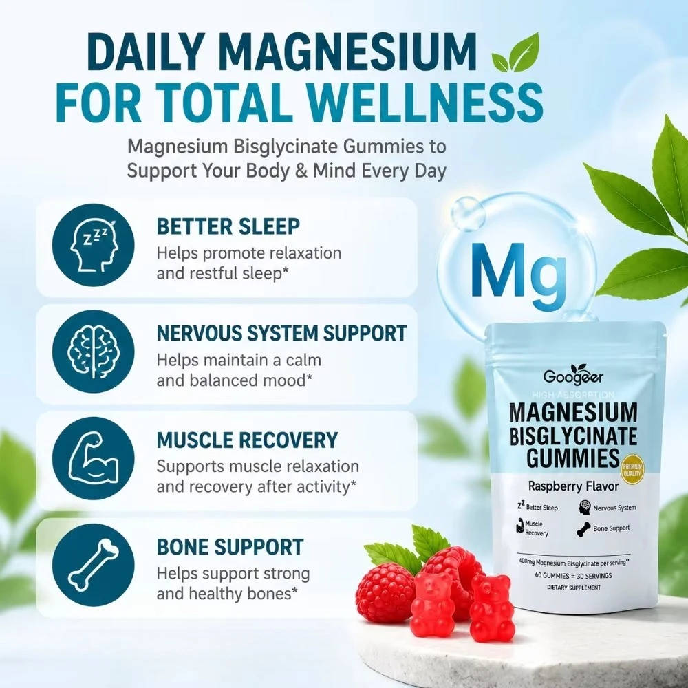 Magnesium Glycinate Gummies 400mg for Sleep & Calm, Muscle Relaxation & Bone Health with Vitamin D3 Zinc, Raspberry 60 Count