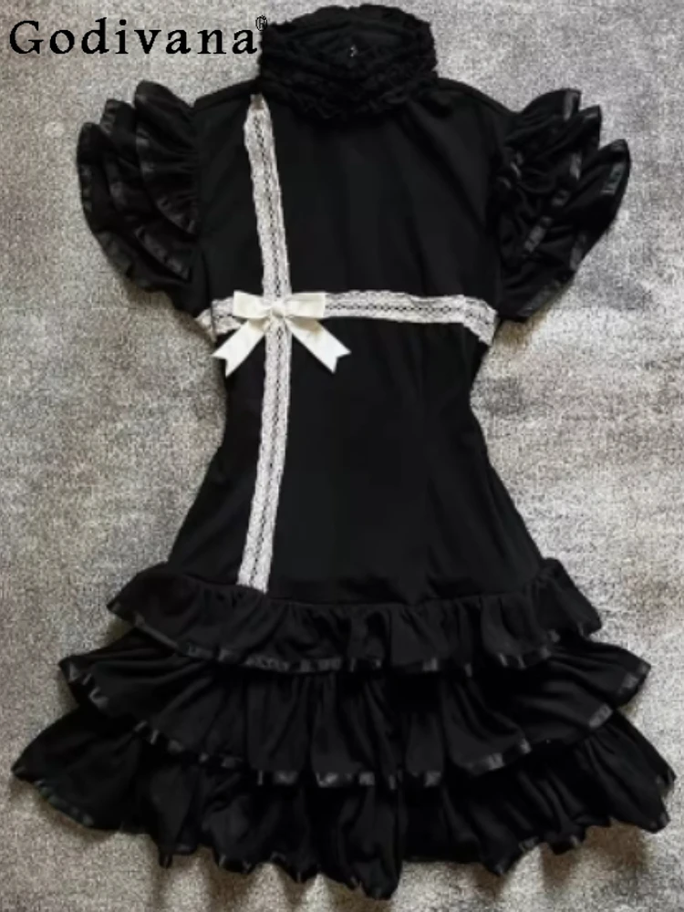 

Spring Summer New Retro Court Black Short Sleev Lace Dress Female Temperament French High Waist A-line Versatile Cake Dresses