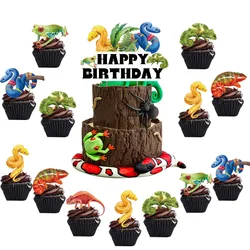 1Set Reptiles Birthday Party Decoration Reptile Cake Topper for Boy Girl Reptile Happy Birthday Table Decoration Safari Animals