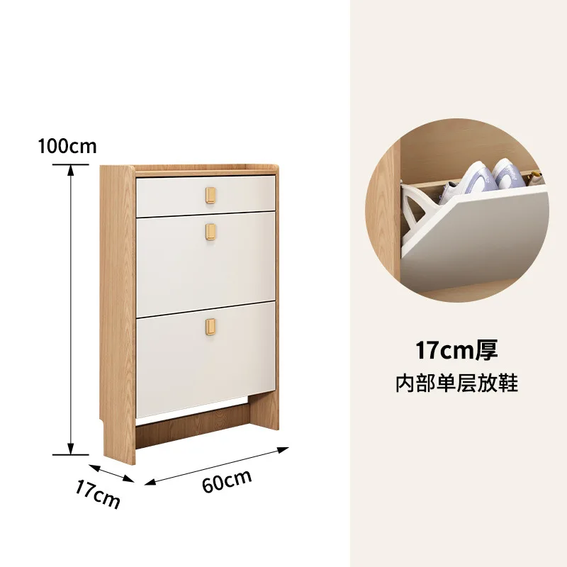 

Solid wood Nordic style ultra-thin tipping bucket shoe cabinet with coat rack at home door Large capacity foyer cabinet Door