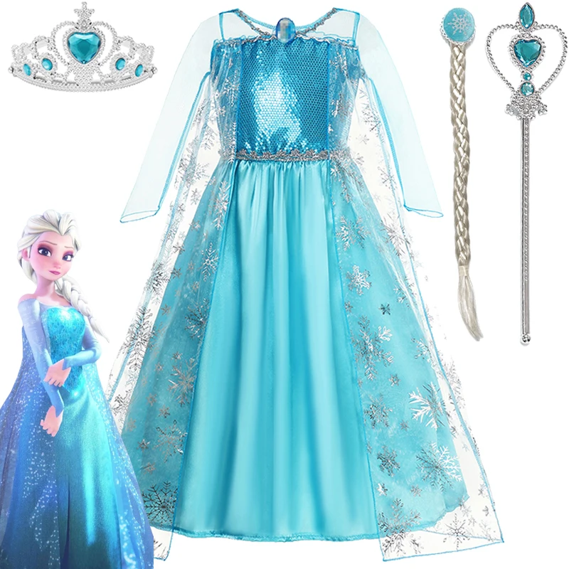 Girls Disney Frozen Dress Snow Queen Dress Kids Cosplay Costume Prom Gown Robe-Playing Children Party Clothing Princess Dress