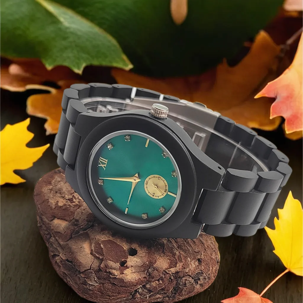 Fashion Simulated Diamond Dial Wood Bangle Timepiece Clock Women\'s Quartz Wristwatch Natural Wooden Lady Bracelet Watches