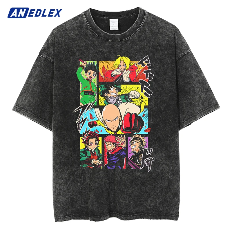 Men Streetwear Oversized Tshirt Japanese Anime Series Printed T-shirt Black Tops Tees Fashion Summer Harajuku Washed T Shirts