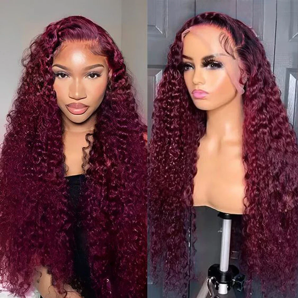 34 36 Inch 99J Burgundy 13x6 Deep Wave HD Lace Frontal Wigs For Women Red Colored Curly Human Hair Wig Pre Plucked Remy Hair