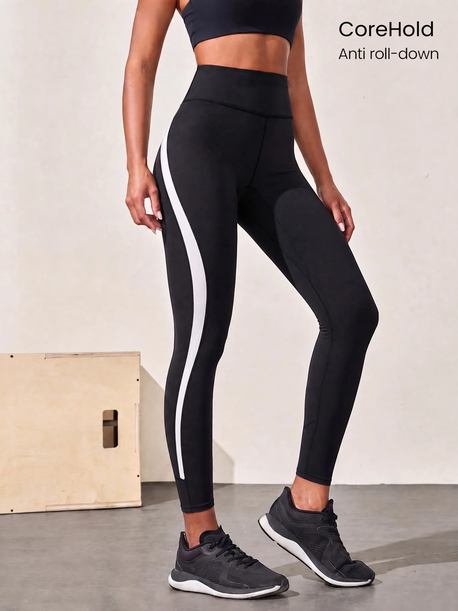 aily‑Gym Women Butt‑lifting Sports Leggings Black‑White Curved Side‑splicing High‑elastic Breathable Yoga Jogging Pants