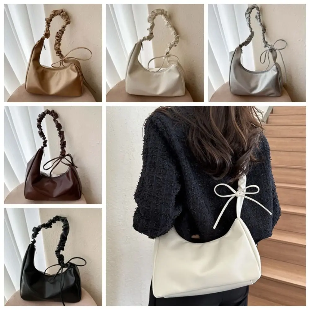 

Ruffle Bowknot Shoulder Bag Handbag Zipper Ins Half-moon Underarm Bag Y2k Style Makeup Lipstick Bag PU Leather Bow Tote Bag