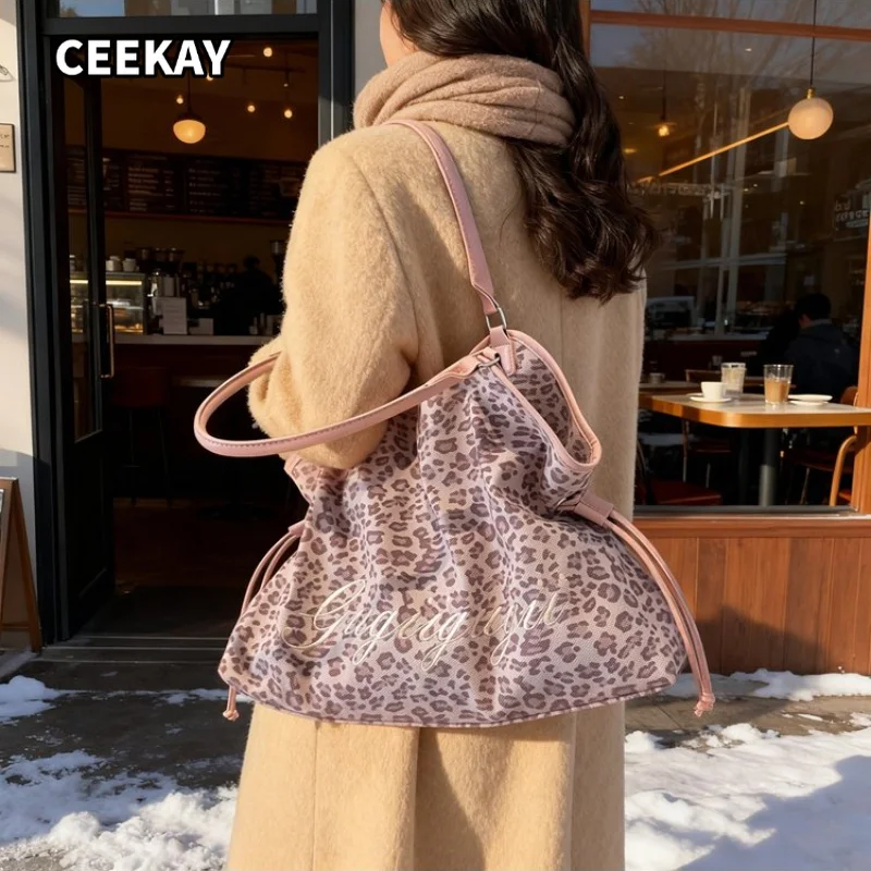 CEEKAY Women's Tote Bag Light Pink Leopard Print Large Shoulder Handbag Letter Embroidery Drawstring Detail Daily Casual Sweet