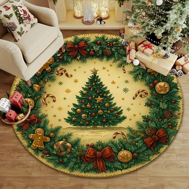 Circle Floor Blanket 2D Flat Printing Vintage Santa Rocking Chair Carpet Flannel Soft Warm Baroque Tapestry Room Decor