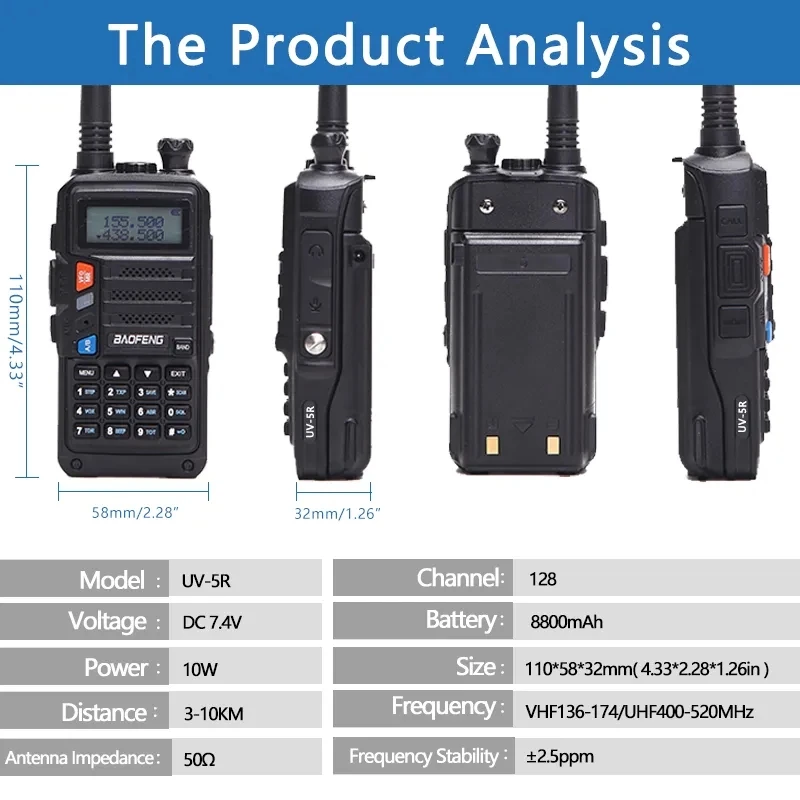 Baofeng UV-5R 플러스 10W UHF VHF 듀얼 밴드 강력한 워키토키 라디오, 16km 장거리 업그레이드, UV 5R UV-10R 햄 양방향 라디오