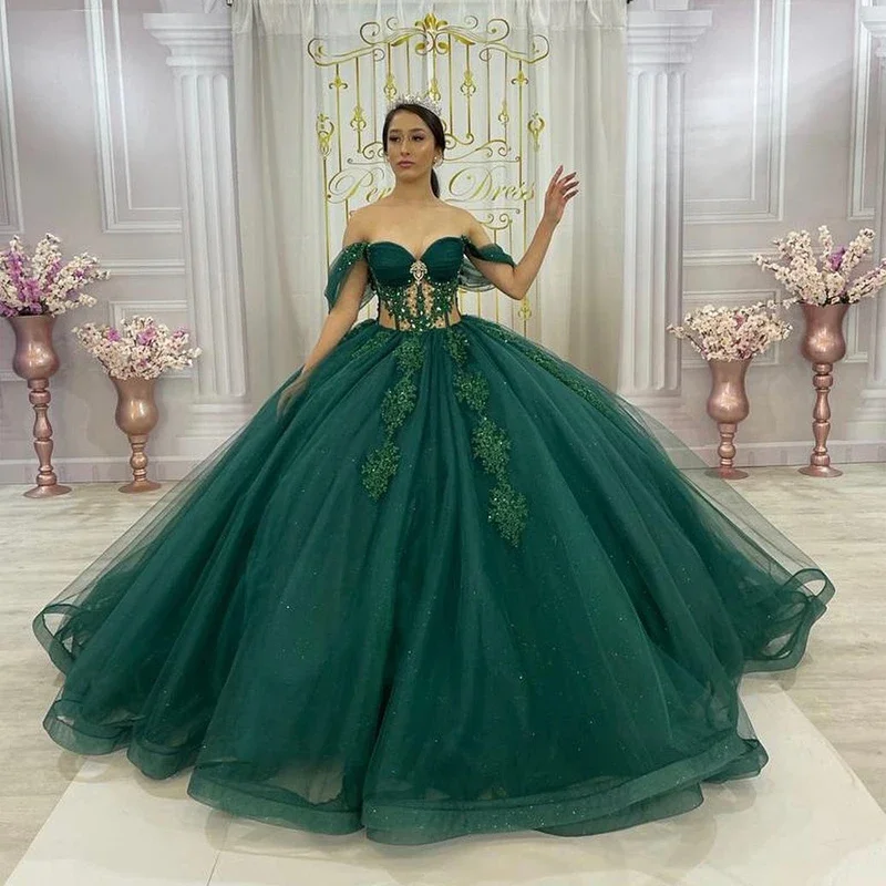 Elegante vestido De Quinceañera De cristal verde, hombros descubiertos, fiesta De cumpleaños, Vestidos formales, Vestidos De baile De 15 Años