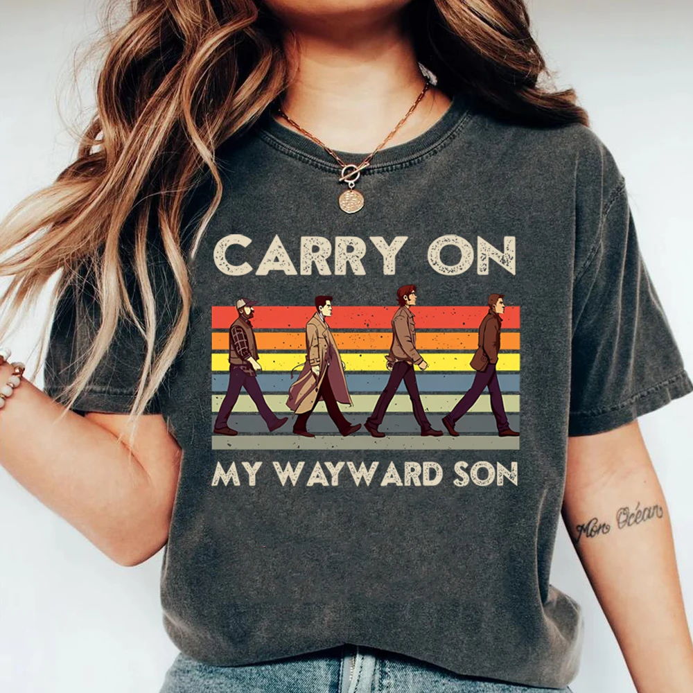 Camiseta Vintage sobrenatural Carry on My Wayward Son, camiseta de Sam y Dean Winchester Brothrs, Top moderno de Abbey Road Winchester 2025