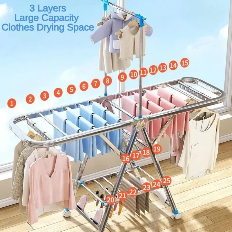 Folding Clothes Drying Rack, Large Capacity Laundry Drying Rack, Adjustable Stainless Steel Clothes Rack Movable Laundry Dryer