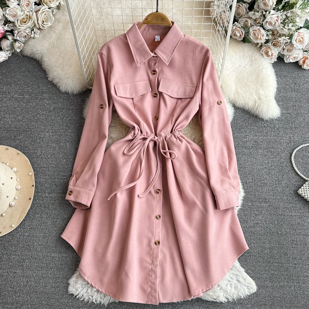 

Corduroy Dress Shirt for Women Solid Turn Down Collar Full Sleeve Slim A-Line 2023 Autumn Female Irregular A-Line Mini Vestidos