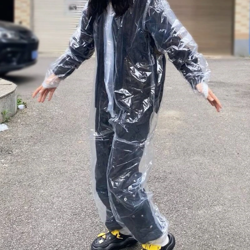 

Waterproof Bodysuit Adult Full-body Hooded Transparent Zipper Plastic Jumpsuit Long Sleeved Couple Onesie Club Party Clothes