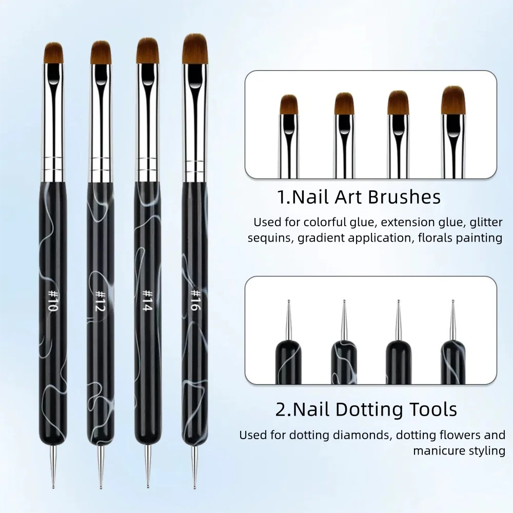 4PCS Dual Ended UV Gel Nail Brushes Set Two Way Poly Gel Builder Brush with Dotting Tool for Nail Extension Manicure DIY