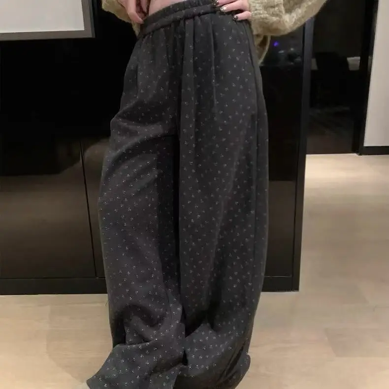 Autumn New Style Brushed Floral Casual Women's Thick and Warm Versatile Loose Floor Pants