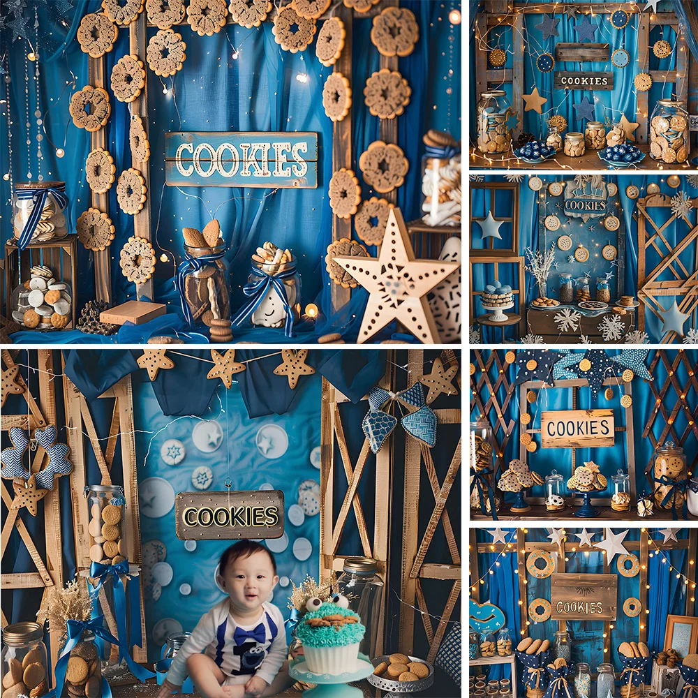 

Mocsicka Photography Background Boy Cookie 1st Birthday Theme Party Backdrop Decor Blue Curtain Kid Cake Smash Studio Photobooth